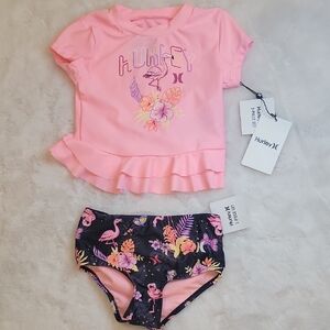Hurley Kids Pink and Black Floral Rashguard Swimsuit Set. 24 Months.